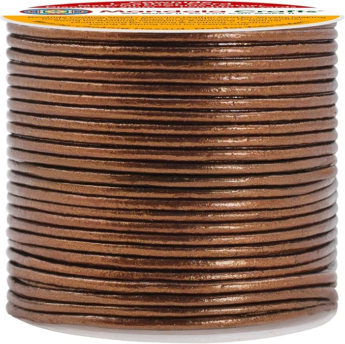 Mandala Crafts Round Genuine Bronze Leather Cord for Jewelry Making – 2mm Cowhide Leather Rope String Lace for Kumihimo – 20 Yards Cowhide Craft Cording Spool