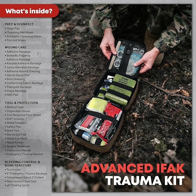 144 Pcs Advanced Trauma First Aid Kit - Emergency Camping Gear with Tourniquet, Compression Bandage, 36" Splint | Portable Survival Gear for Outdoor, Home, Camping- Gift for Husband Dad and Wife-Brown