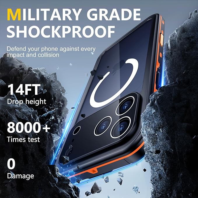 Red2Fire for iPhone 17 Pro Case Waterproof, [Built-in Screen Protector & Camera Protector][Compatible with MagSafe][Full Body Shockproof][IP68 Waterproof][Dustproof] Phone Case 6.3" Orange/Clear