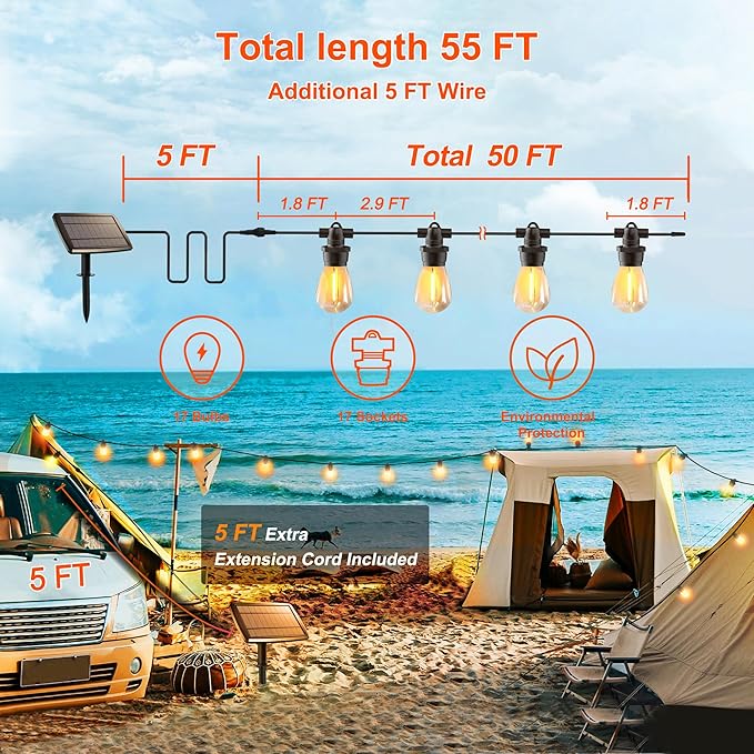 Stright 55FT Solar String Lights Outside Remote Control with USB Charging Port E12 S14 Bulbs, 55 Feet 17 Lamp Outdoor Solar Power Dimmable LED Bulbs for Patio Garden Market Bistro Backyard