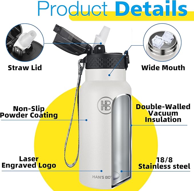 Han's Bottle Kids Water Bottle with Straw Lid - Insulated Stainless Steel Reusable Tumbler for Girls,Boys,Thermo Mug,17oz,White