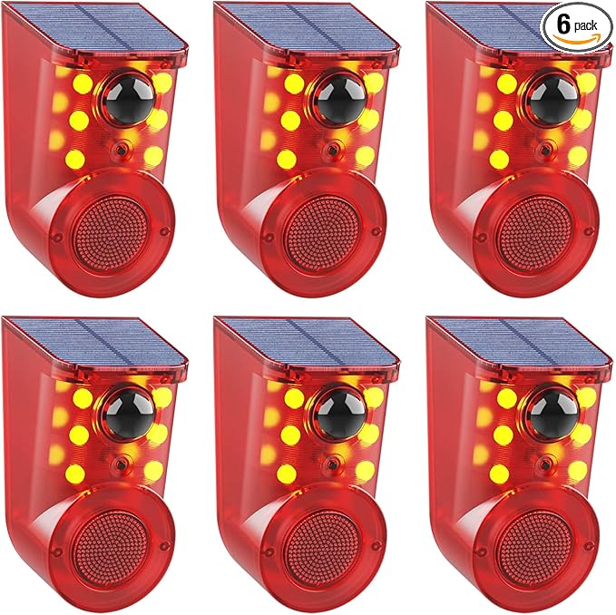 Solar Motion Sensor Alarm Device - Waterproof, Multi-Mode, Wide-Angle Sensing, 110dB Alarm & Strobe Lights for Indoor & Outdoor Security 6Pack