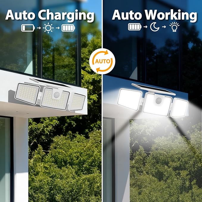 INCX Solar Lights Outdoor with Motion Sensor, 3 Heads Security Lights Solar Powered, 156 LED Flood Light Motion Detected Spotlight for Garage Yard Entryways Patio, IP65 Waterproof, White, 4 Pack