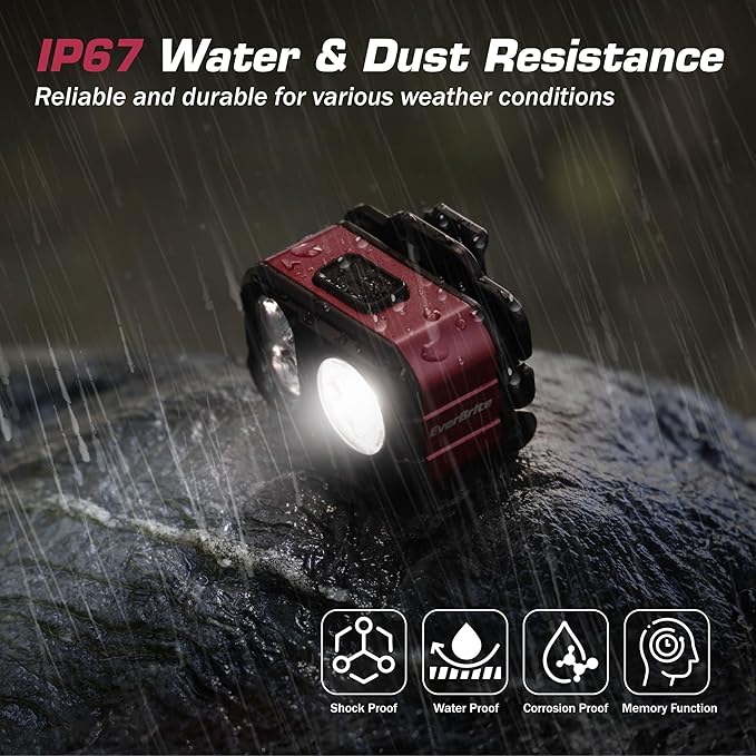 EverBrite 400LM Rechargeable Headlamp, 1.59 oz Lightweight & Comfortable Head Lamp with Hat Clip, IP67 Waterproof, White/Red/Green Light, 7 Modes for Running, Camping and Backpacking-Purple