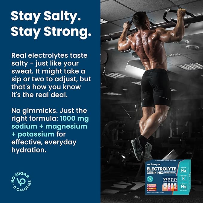Venture Pal High Sodium Sugar Free Electrolytes Powder Packet - Hydration Packets with Vitamin, Sodium & Potassium | Zero Calories | Vegan, Keto & Paleo Friendly Electrolyte Drink Mix - 16 Sticks