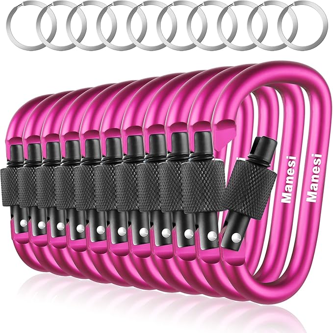 10 Pack Aluminum D Ring Key Rings Clips Locking Carabiner for Camping Fishing and Outdoor Use，Clips with Screw Gate Multicolored