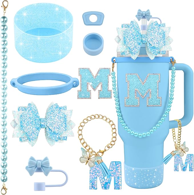 9PCS Blue for Stanley Cup Accessories Set Bling Initials Bow Charms for Stanley Decorations 30/40 Oz Tumbler Accessories Including Bow Straw Topper, Handle Strap, Spill Stopper（Letter M）