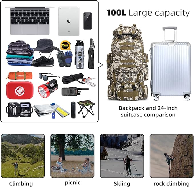 100L Camping Hiking Backpack,Molle military Tactical rucksack backpack,Waterproof Lightweight Hiking Backpack