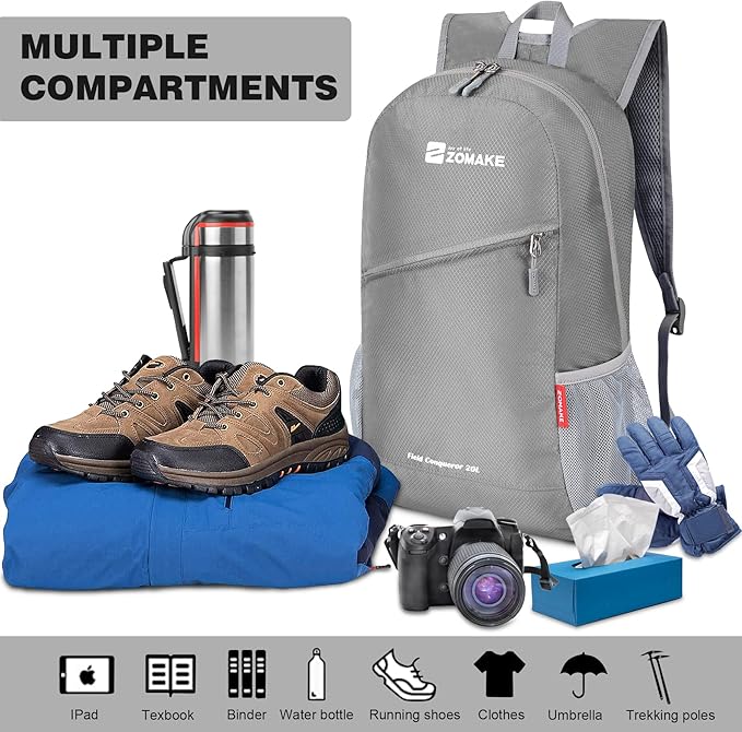 ZOMAKE Lightweight Packable Backpack,Foldable Backpacks Small Daypack for Hiking Water Resistant Day Bag for Travel(Silver Grey)