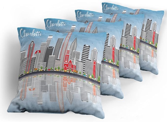 Ambesonne North Carolina Throw Pillow Cushion Case Pack of 4, Charlotte Skyline with Urban Skyscrapers Buildings City Landscape, Modern Accent Double-Sided Digital Printing, 18", Grey Coral