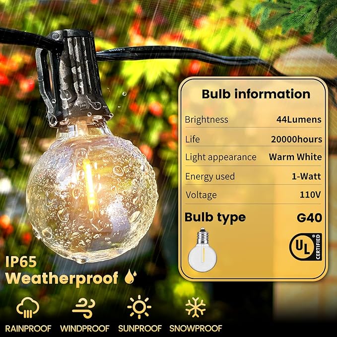 Outdoor String Lights 20FT - LED Waterproof Patio Lights G40 Globe Bulbs Shatterproof, Connectable Hanging Outdoor Lights for Outside Indoor Garden Backyard Deck Porch Party Decor