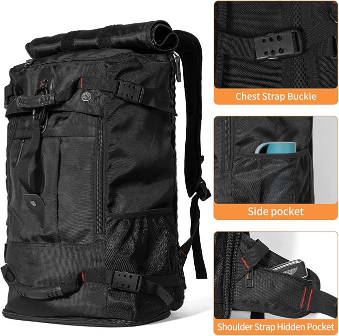 YOUMIAN Large Capacity For Travel Hiking Sports Carry On Backpack Durable Convertible Duffle Bag Laptop airplane (BLack, 45L-Normal)