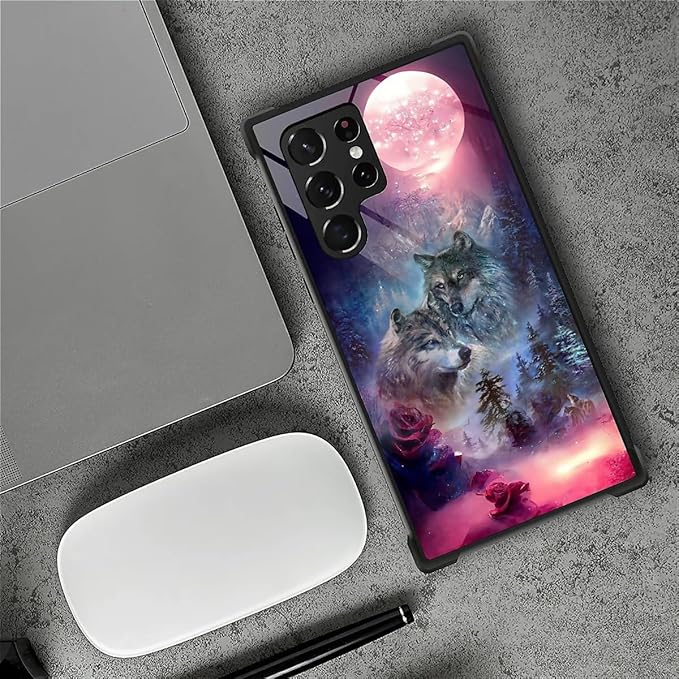 for Samsung Galaxy S22 Ultra Case, Star Two Wolfs Howling Pattern Graphic Design Girl Boy Soft Silicone Hard Acrylic Shock Protection for Samsung Galaxy S22 Ultra
