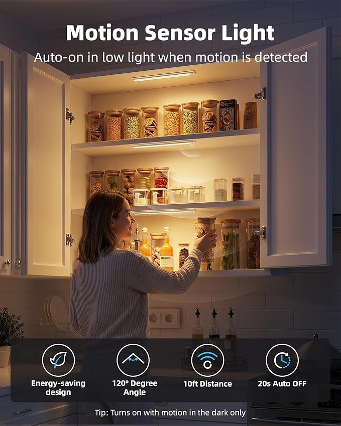 3Pack-Under Cabinet Lighting Wireless, Rechargeable Battery Motion Sensor Light Indoor, LED Closet Lights USB Charging, 3 Color Dimmable Under Cabinet Lights for Kitchen, Cabinet, Wardrobe (14inch)