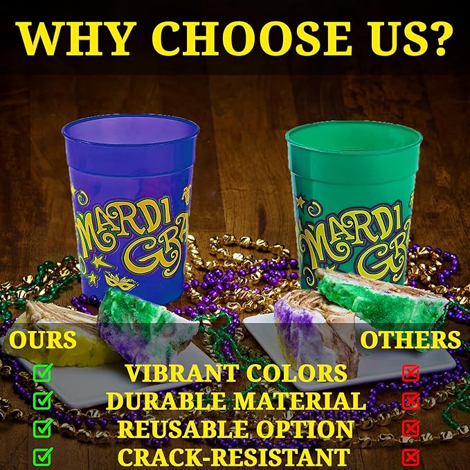 Fun Express Plastic Cups Reusable 12 Pack - Heavy Duty Mardi Gras Party Cups 11oz for Celebrations | Colorful Green Plastic Drinkware Set for Indoor & Outdoor Events | BPA-Free Bulk Party Essentials
