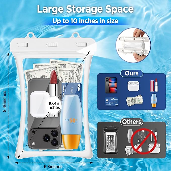 CACOE [Floatable Floating Universal IPX8 Waterproof Phone case 2 Pack-Up to 10.0",Adjustable Lanyard Phone Pouch,Dry Bags for Vacation Beach Pool Kayak Cruise Travel Essentials（White+Light Blue）