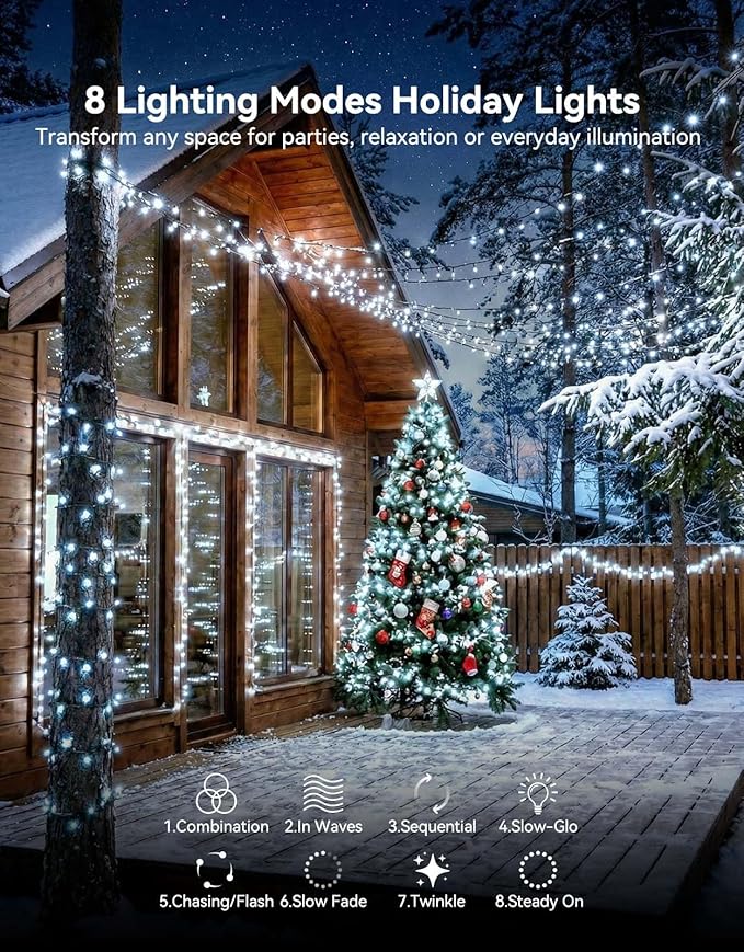 LitHome 164FT 500 LED String Lights Outdoor Indoor, 8 Modes Waterproof Christmas String Lights with Timer & Memory Function, Outdoor Christmas Lights Green Wire for Xmas Tree Party Garden, White
