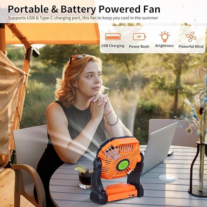 Portable Fan Rechargeable Battery Powered Fan,270°Pivot Cordless Battery Operated Camping Fans with LED Light & Hook,USB Personal Fans Outdoor Camping Essentials for Tent Beach Travel Reading