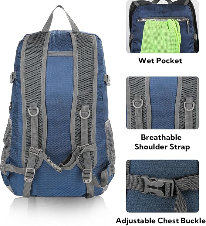 WATERFLY Lightweight Packable Hiking Backpack: 30L Foldable Travel Daypack Ultralight Camping Day Pack for Woman Man