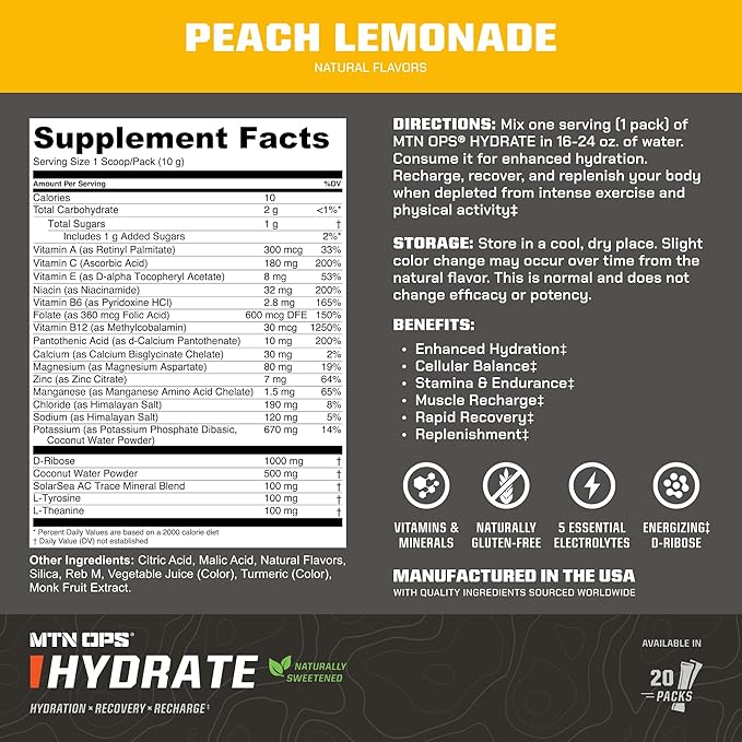 MTN OPS Hydrate Low Sugar Electrolyte Powder Drink Mix with 1g D-Ribose Sugar, Naturally Sweetened with Monk Fruit, On-The-Go Packs, 20 Stick Packs, Peach Lemonade