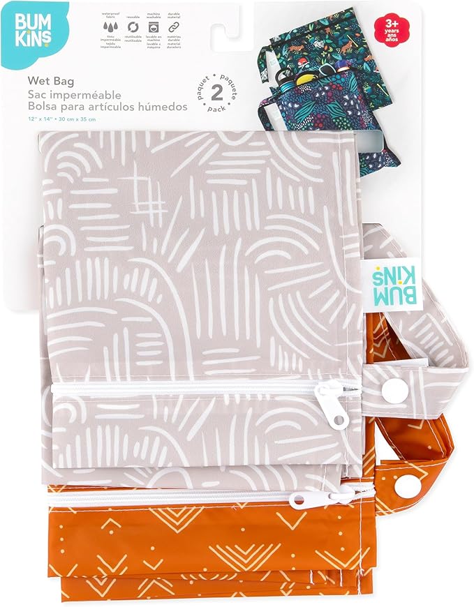 Bumkins - Waterproof Wet Bag - For Baby, Travel, Swim Suit, Cloth Diapers, Pump Parts, Pool, Gym, Toiletry, Strap to Stroller - Reusable & Easy to Clean - 2pk - Desert Boho