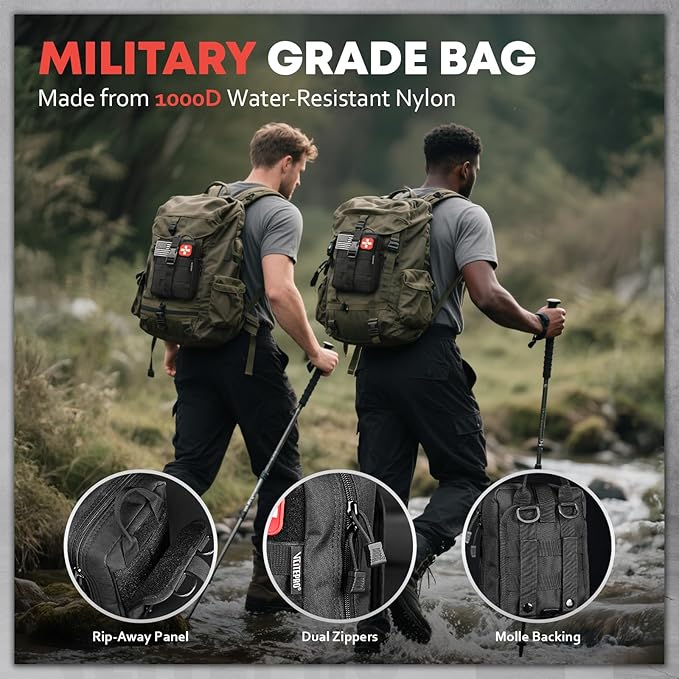 242 Piece First Aid & Survival Kit – Molle Pouch IFAK, 1000D Nylon, Color-Coded Compartments, Medical Kit for Camping, Boat, Hunting, Hiking, Home, Car/Home/Earthquake Emergency (Black)