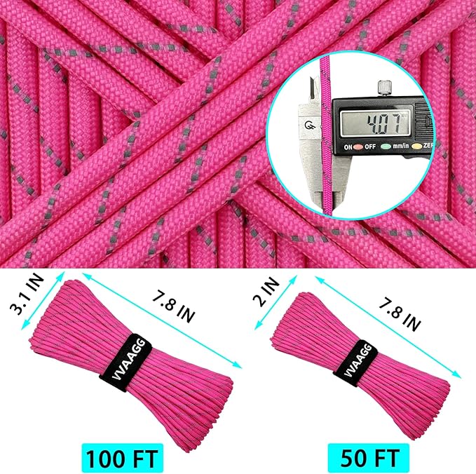 VVAAGG Reflective Paracord Rope 100FT, 7 Strand Nylon para Cord Lanyard Utility 550 Parachute Cord, 4mm Thin Tent Rope for Outdoor Camping Hiking