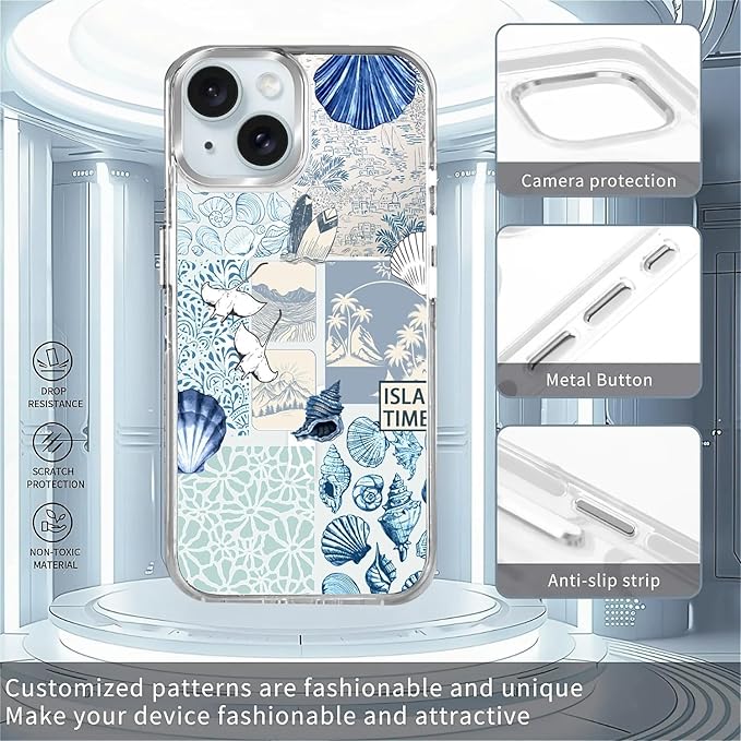 Case for iPhone 15,[Compatible with MagSafe],Sea Life Ocean Waves Seashell Collage Phone Case Design，for Women Girls Magnetic Clear Cover - Slim, Sleek, & Shockproof Protection