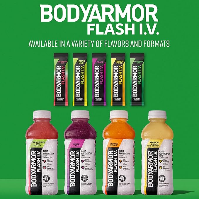 BODYARMOR Flash IV Electrolyte Packets, Strawberry Kiwi - Zero Sugar Drink Mix, Single Serve Packs, Coconut Water Powder (15 Count)