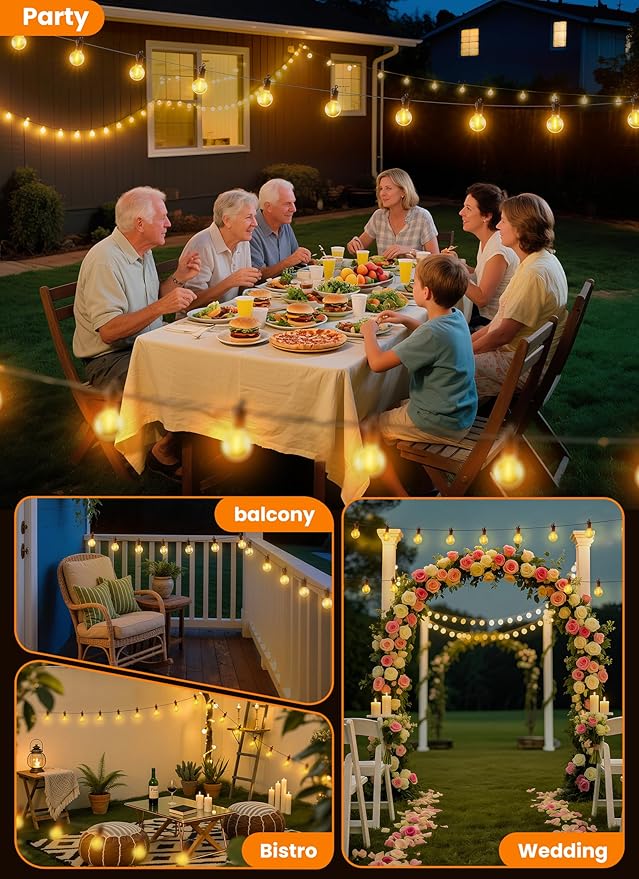 Outdoor String Patio Lights, 50FT 25 LED Patio Lights Waterproof, Connectable Shatterproof Hanging Outside String Light for Backyard, Porch, Deck, Balcony, Garden, House Decor, 2200K