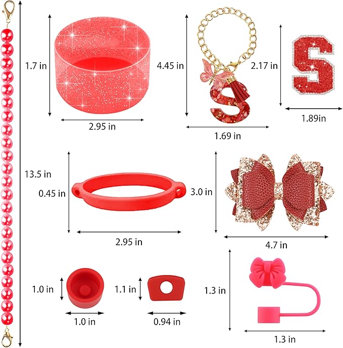 9PCS Red for Stanley Cup Accessories Set Bling Initials Bow Charms for Stanley Decorations 30/40 Oz Tumbler Accessories Including Bow Straw Topper, Handle Strap, Spill Stopper（Letter S）