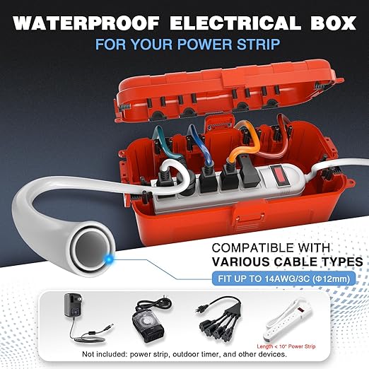Flemoon [2 Pack] Outdoor Electrical Box Waterproof, Medium Weatherproof Electrical Box (11.5x5.2x4 inch) w/6 Cable Entry Ports, Extension Cord Cover for Power Strip, Timer, Plug, Holiday Light, Red