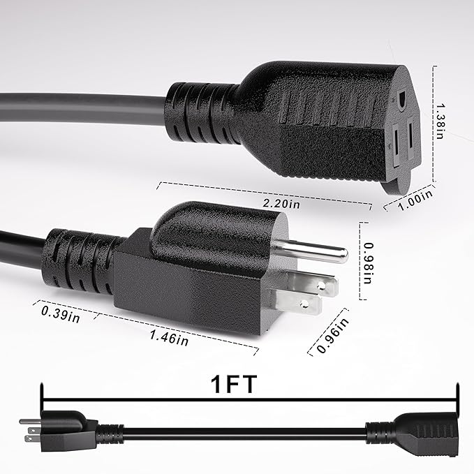 Short Extension Cord 1 Foot Black 5 Pack, 16/3 Gauge Indoor Power Extension Cable, 13A 125V 1625W 16AWG, 3 Prong Outlet Saver NEMA 5-15P to NEMA 5-15R, ETL Listed POWGRN