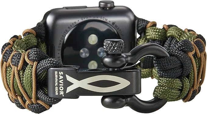 Savior Survival Gear Paracord Watch Band Compatible with Apple Watch Band 49mm 46mm 45mm 44mm 42mm,iWatch Band Series Ultra 10 9 8 7 6 5 4 3 2 1 SE, Adjustable strap for men (Green-Black-Khaki-Large)
