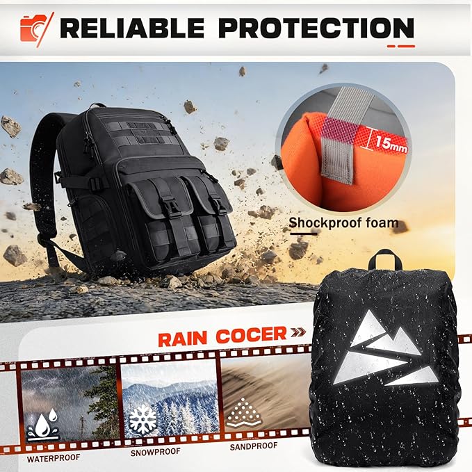 RAINSMORE Camera Bag Backpack for DSLR/SLR/Mirrorless Camera Bags for Photographers 15.6 Inch Waterproof Tactical Photography Case with Rain Cover & Tripod Holder, Black