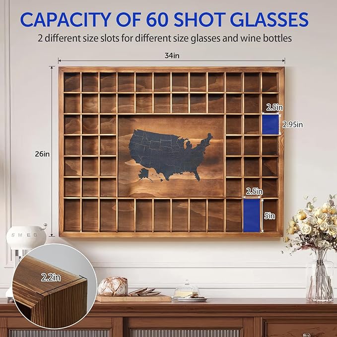 Large Shot Glass Display Case with US Map,60 Slots, 34 X 26 Inch Rustic Wood Shot Glass Display Cabinet for 2 Size -In Rooms Bars Wine Cellars with Shot Glasses Jewelry Shell & Keepsakes