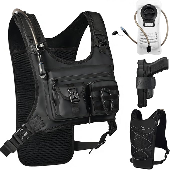 Hydration Running Vest Backpack with 2L Water Bladder - Lightweight & Reflective Chest Pack, Includes Tactical Gun Holster & Free Carabiner for Hiking, Running, Cycling, Marathon (Men & Women)