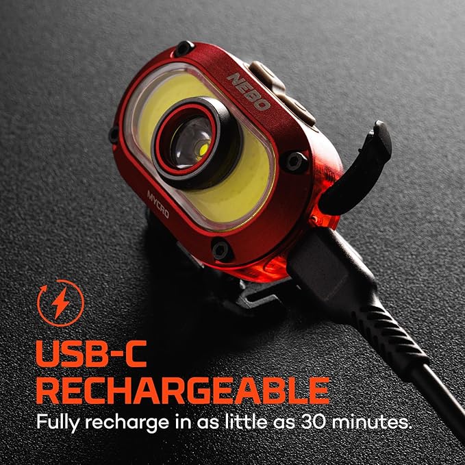 NEBO MYCRO 550+ Rechargeable Headlamp | 550 Lumens, 7 Light Modes, Water Resistant, Detachable Hat Clip, Super Bright Head Lamp for Camping & Hiking, Includes USB Charging Cable – Red