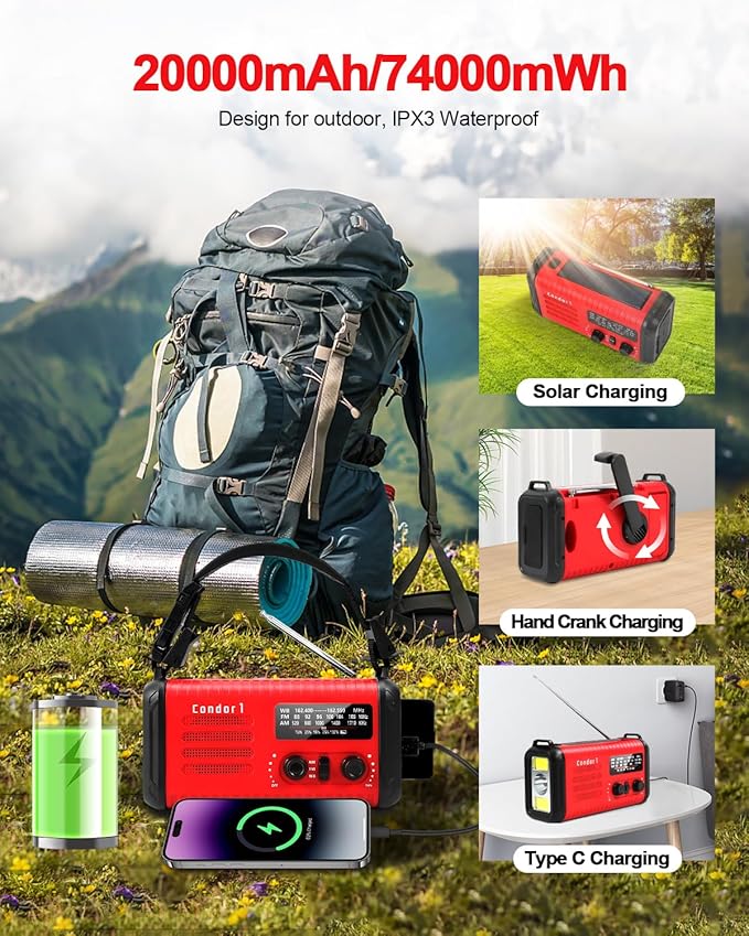 Emergency Crank Radio, 20000mAh / 74000mWh Solar Hand Crank Weather Radio with NOAA/AM/FM, Battery Powered Radio with Cell Phone Charger, Reading Lamp, Flashlight & SOS for Emergencies/Home