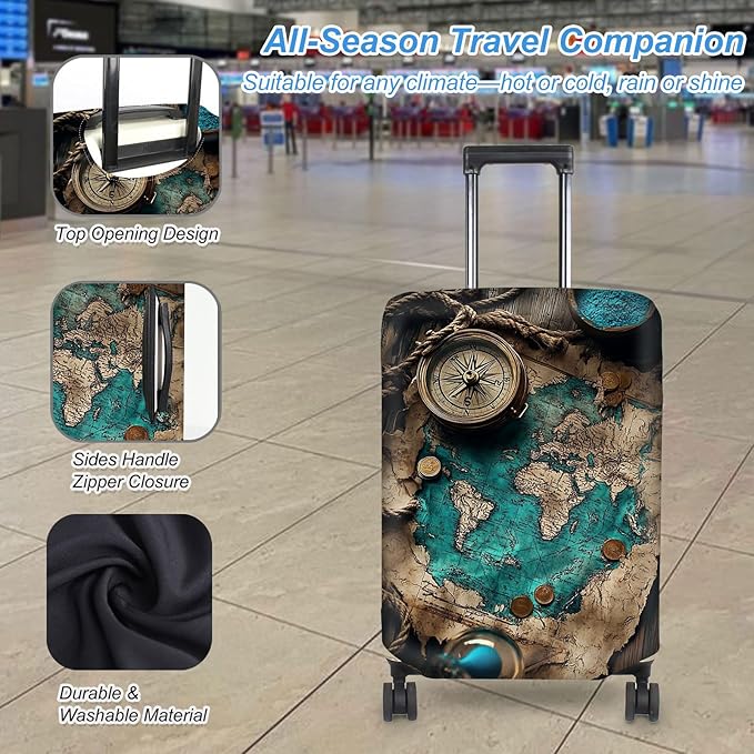 Luggage Cover Protector for 22-24 Inch Suitcases, TSA Approved Elastic Travel Suitcase Covers, Anti-Scratch Washable Luggage Sleeve for Carry On & Checked Bags, Ancient Map