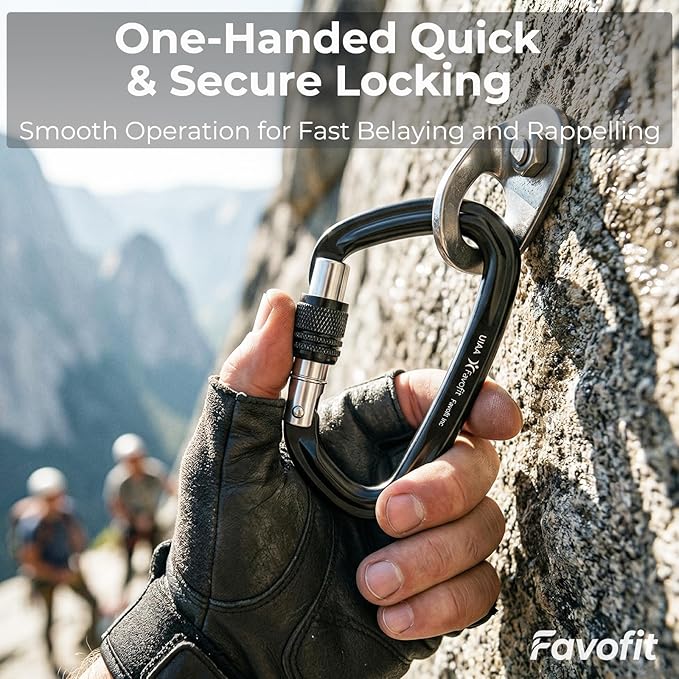 UIAA Certified 25kN-42kN Climbing Carabiners - Favofit Heavy Duty Locking Carabiner Clips with Twist or Screw Lock - Professional Rock Climbing Gear for Tree Climbing Arborist Rappelling & Rescue