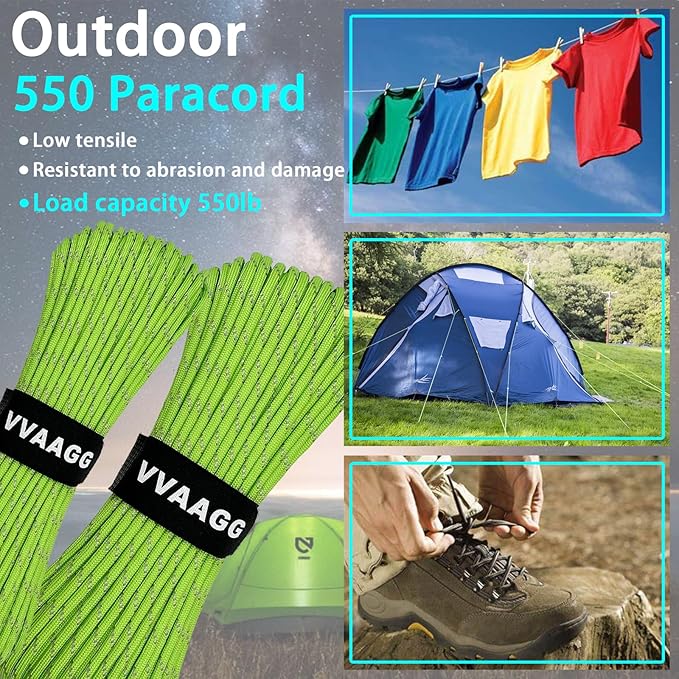 VVAAGG Reflective Paracord Rope 100FT, 7 Strand Nylon para Cord Lanyard Utility 550 Parachute Cord, 4mm Thin Tent Rope for Outdoor Camping Hiking
