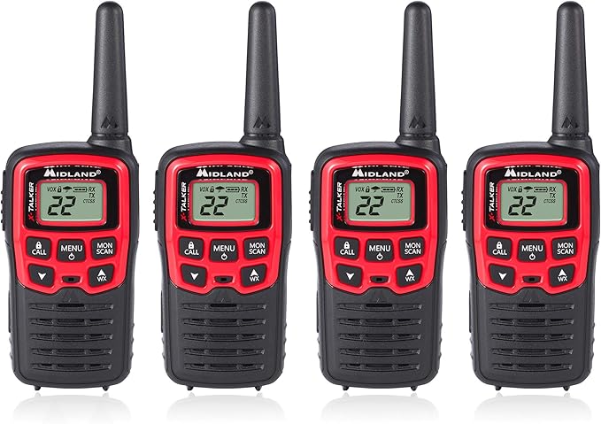 Midland T31VP 22 Channel FRS Walkie Talkie - Up to 26 Mile Range Two-Way Radio - Red/Black (Pack of 4)