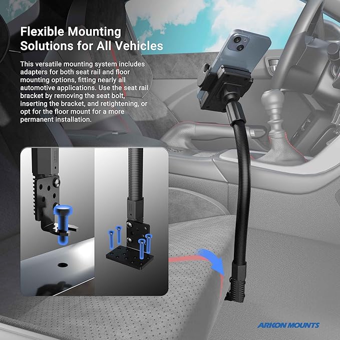 Arkon Mount Car or Truck Seat Rail/Floor Phone Mount | Universal Compatible | Flexible Gooseneck | Easy Installation | Truck Phone Mount | Phone Holder Fits iPhone, Galaxy, Note and more
