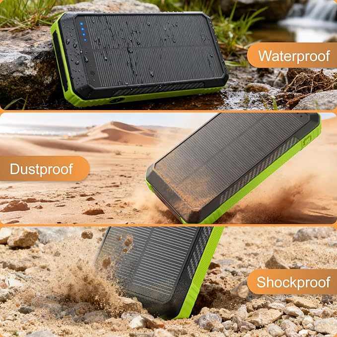 Solar Power Bank 33800mAh with Super Bright LED Flashlight, Built-in 4 Cables & Wireless Charging, Portable Charger with Compass, 7 Outputs & 4 Inputs for Camping/Hiking(Green)