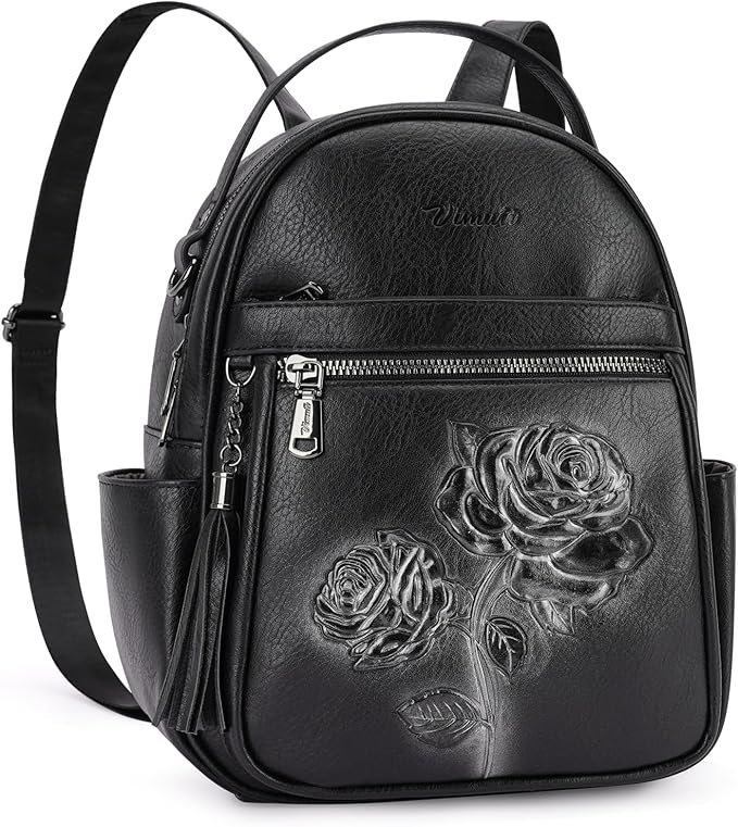 Mini Backpack Purse for Women,Embossed Leather Small Backpack Fashion Travel Backpacks Daypacks Shoulder Handbag (BLACK-Flower)