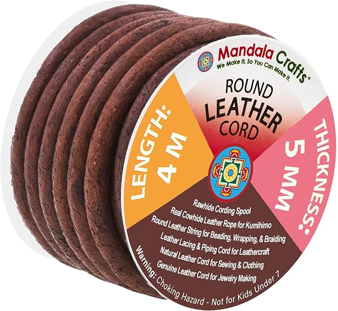 Mandala Crafts Round Genuine Distressed Brown Leather Cord for Jewelry Making – 5mm Cowhide Leather Rope String Lace for Kumihimo – 4.4 Yards Cowhide Craft Cording Spool