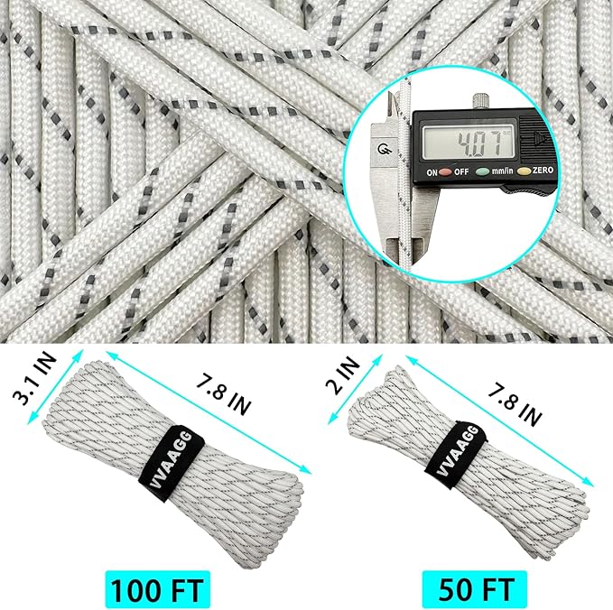 VVAAGG Reflective Paracord Rope 100FT, 7 Strand Nylon para Cord Lanyard Utility 550 Parachute Cord, 4mm Thin Tent Rope for Outdoor Camping Hiking