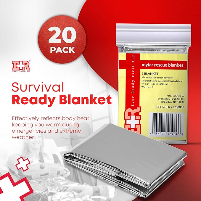 Ever Ready First Aid Mylar Rescue Blanket, Large Silver Thermal Sheet for Emergency and Survival, 54” x 84” – 20 Count