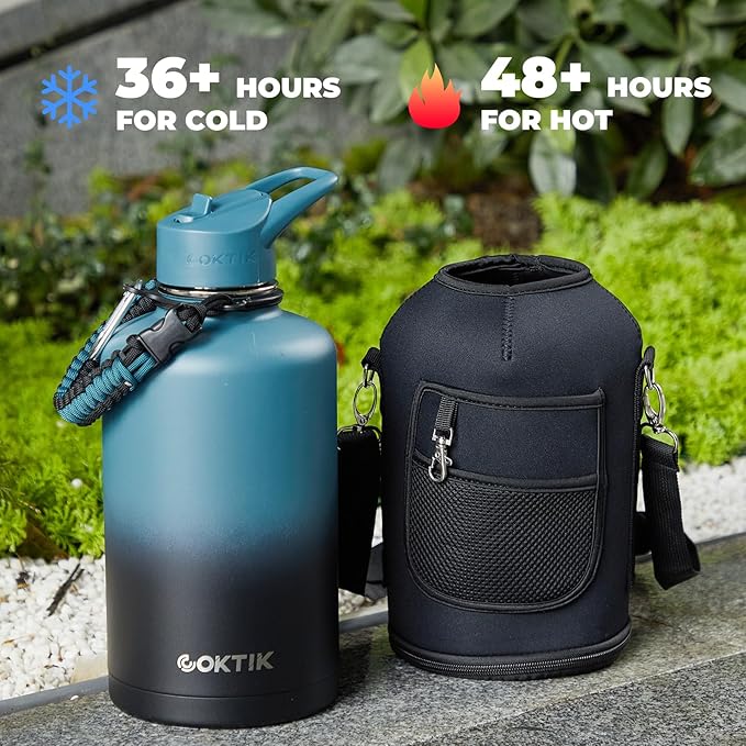 COKTIK 84oz Insulated Water Bottle - Stainless Steel Vacuum Metal, Portable ½ Gallon Large-Capacity Sports Bottle with Straw, Carry Bag and Handle Strap, Ideal for Gym & Hiking（Dark Night)